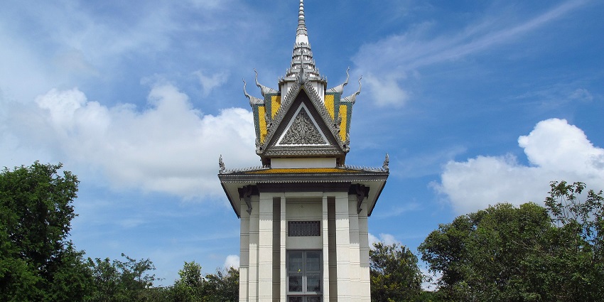 An image of the iconic Buddhist Stupa, Choeung Ek, one of the major tourist destinations.