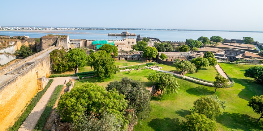 An aerial view of the Diu Fortress located near the Somnath Temple