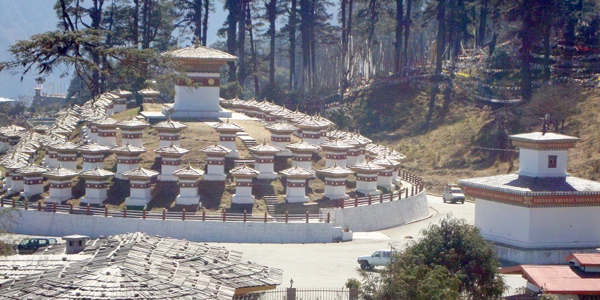 The scenic Dochula Pass and views of the Himalayas, one of the best places to visit in bhutan.