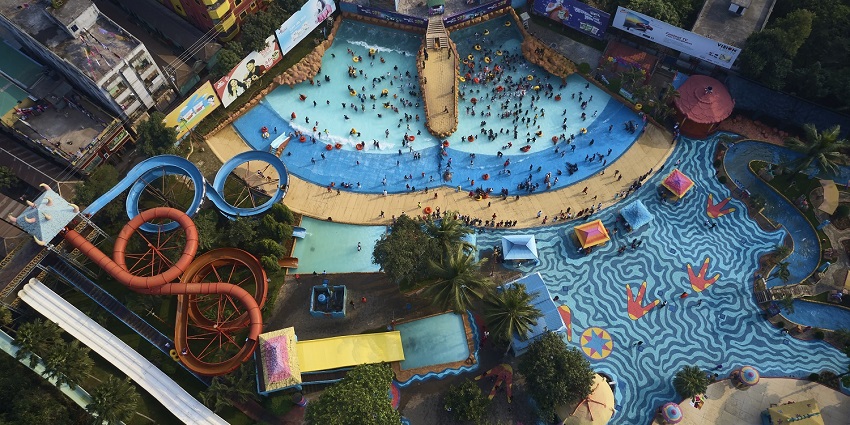 The water park offers extended water slides.
