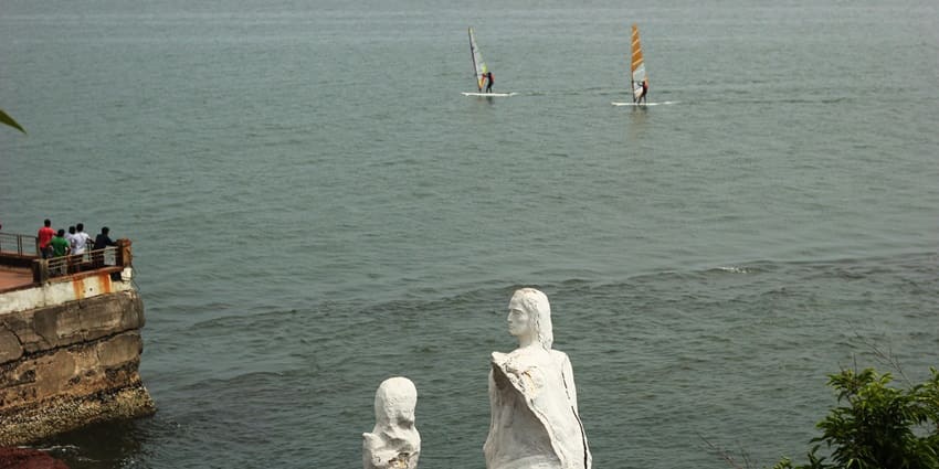Scenic image of the two statues from the Dona Paula viewpoint near the Dona Paula beach in Goa