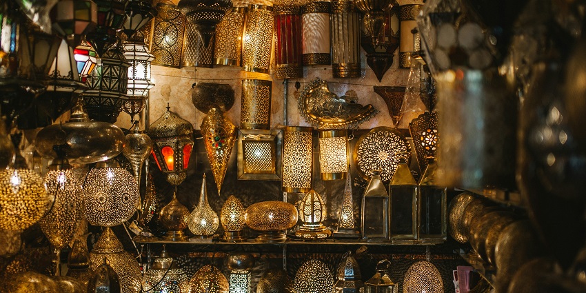 A glimpse of dazzling lanterns and lights at the famous Dong Xuan Market in Vietnam.