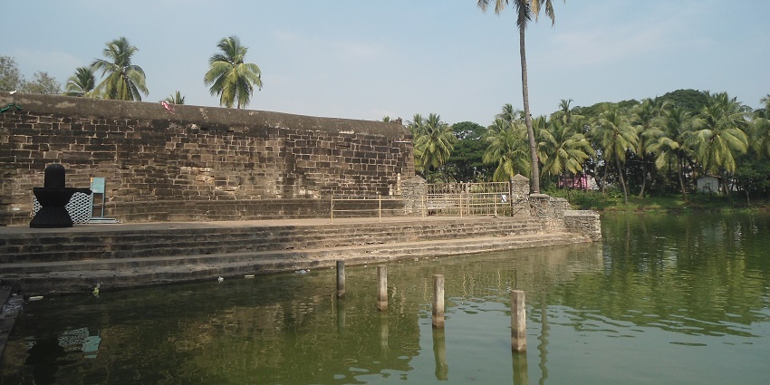 A quaint pond near the temple at Draksharamam, a tourist attraction in Andhra Pradesh.