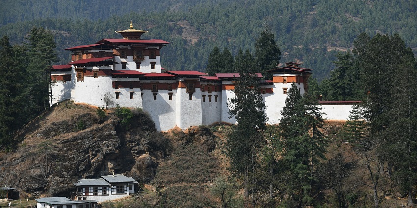 Ruins of Drukgyel Dzong with breathtaking views of the snow-capped mountains in Bhutan.