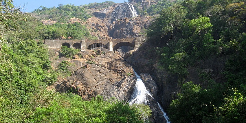 A breathtaking view of Dudhsagar Falls cascading down lush green cliffs - Waterfalls in South Goa