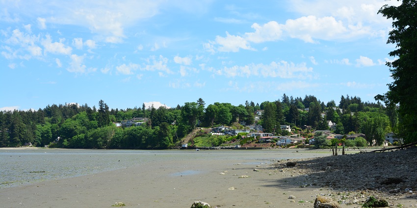 Serene beach scene at Dumas Bay with gentle waves and distant mountains under a clear sky