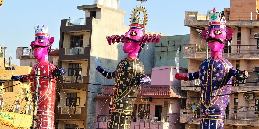 View of effigies of Ravan and his two brothers, ready to be burnt as a old tradition of this festival