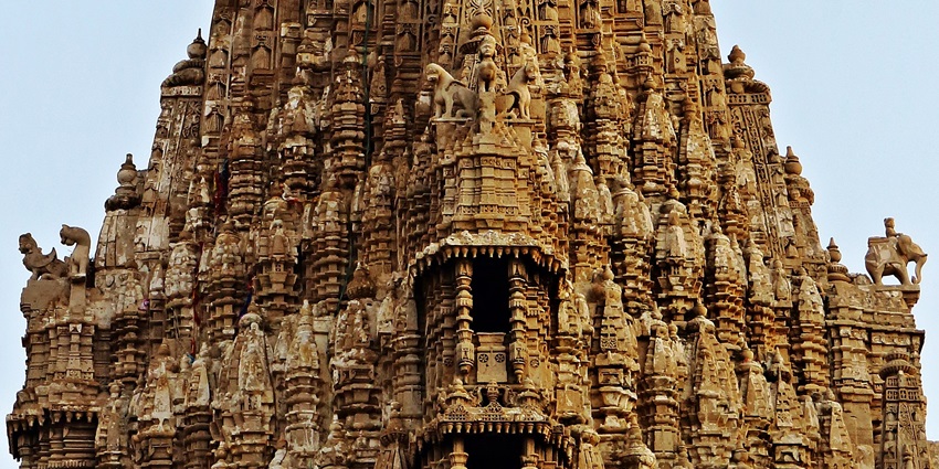 The exterior of a holy shrine in Gujarat has exquisite carvings and continuity of design.