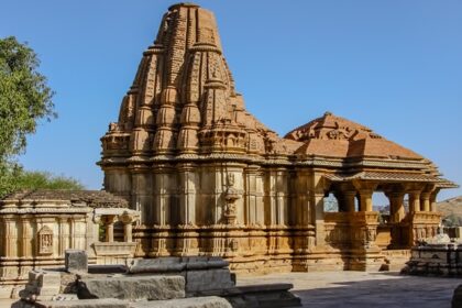 Intricately designed facade of Eklingji Temple showing traditional architectural beauty.