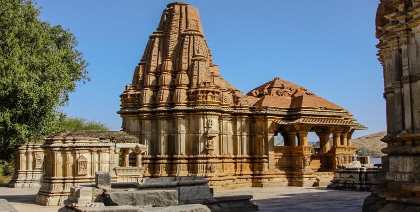 Intricately designed facade of Eklingji Temple showing traditional architectural beauty.