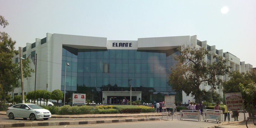 A front view of the towering Elante Mall, a famous shopping hub nestled in Punjab.