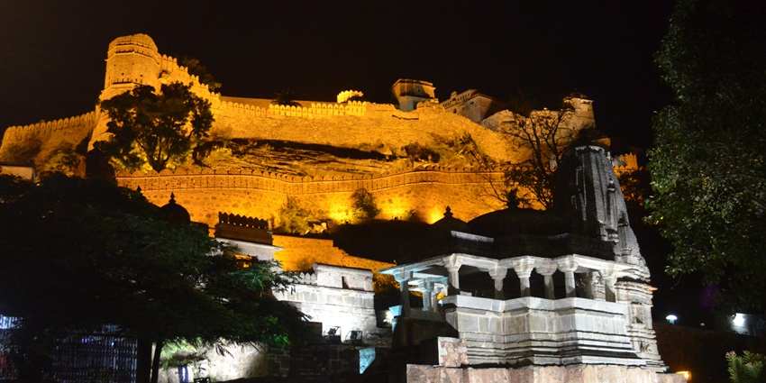Spectacular light and sound show illuminating the grandeur of Kumbhalgarh Fort at night.