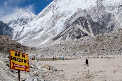 Signpost pointing the way to the Himalaya base camp trek to Everest, located in Nepal.