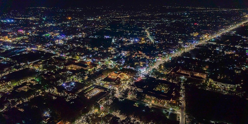 The aerial view of Siem Reap taken from a drone with lights and a mesmerising view.
