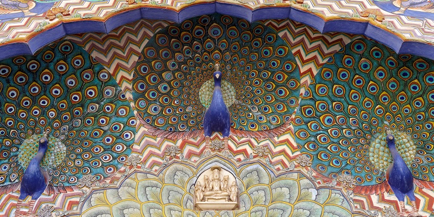 Peacock sculptures at Pitam Niwas Chowk in City Palace, Jaipur, a symbol of royal artistry.