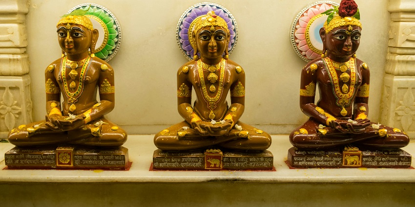 A glimpse of figurines of Jain gods elegantly nestled inside the Parasnath Temple.