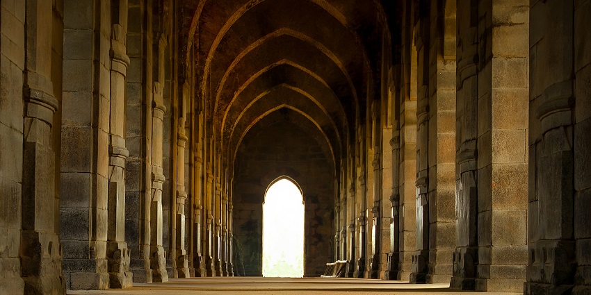Majestic view of arching halls of the mosque, offering a grand and royal ambience
