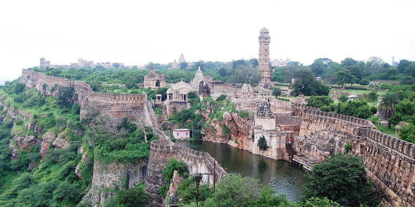Chittorgarh Fort, with its towering walls, ancient structures, and expansive courtyards.