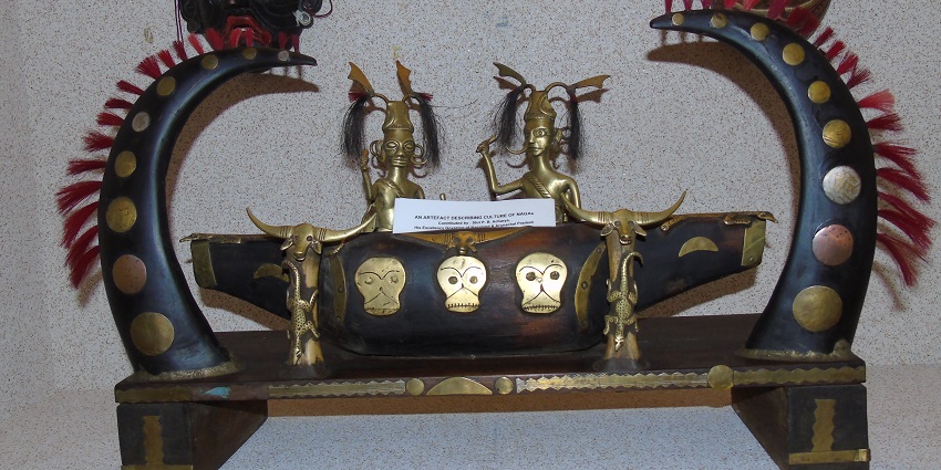 Display of traditional musical instruments used in tribal culture at folk art museum