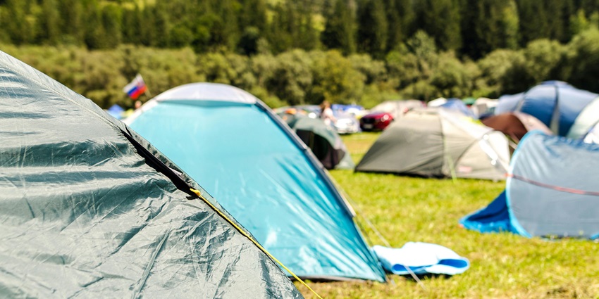 Colourful tents set up in a forest clearing, surrounded by tall trees and lush greenery.