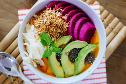 A tempting view of a bowl served with sliced fruits such as avocado and dragon fruit.