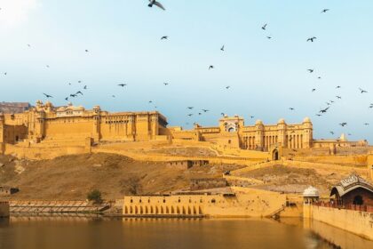 A breathtaking vista of a herd of birds flying over a tourist attraction in the region.