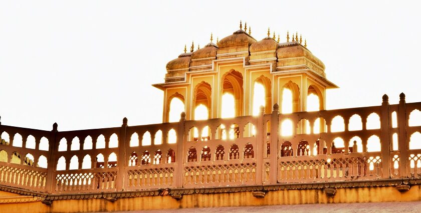 A glimpse of the upper part of a tourist attraction in Rajasthan with a scenic backdrop.