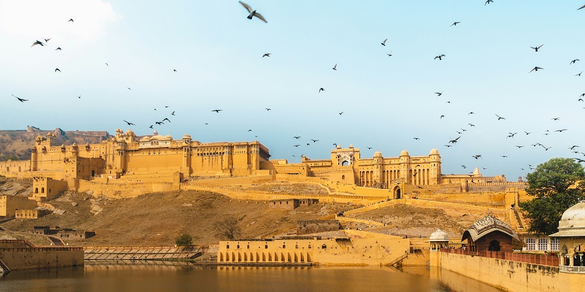 A panoramic view of a herd of birds flying over the famous Sihot Badi in Rajasthan.