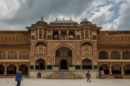 Visitors exploring the front yard of Fort Rajwada sri Ganganagar in Rajasthan