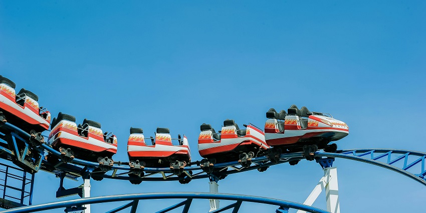 A glimpse a thrilling ride glisiding high up in the air at the FunCity Water Park.