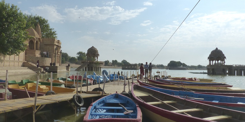 Boats on Gadsisar Lake, a serene spot for relaxing and birdwatching in Jaisalmer