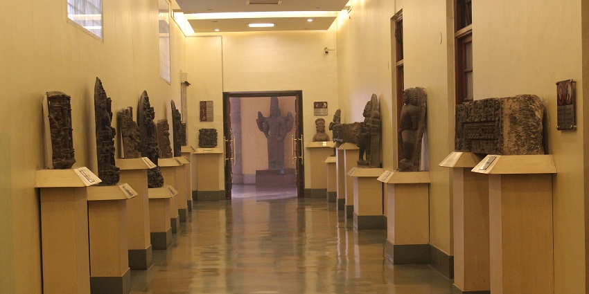 Inside the gallery of the museum, showcasing weapons, artefacts and stone carvings