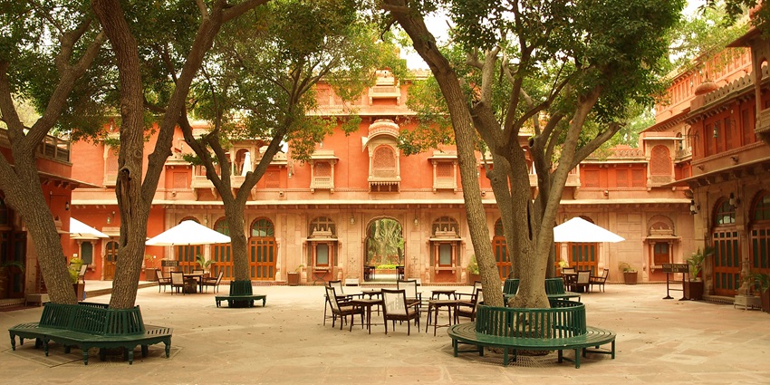 Gajner Palace, turned into a heritage hotel with lush surroundings and a lake around.