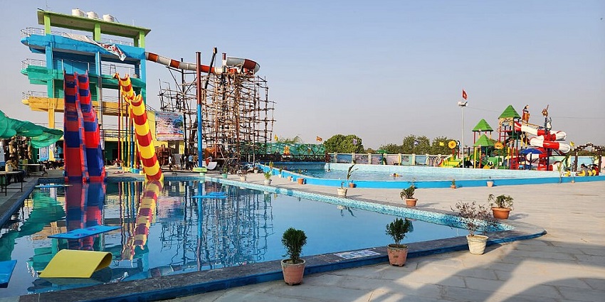 Aerial view of Divya Water Park in Bhadohi district with pools and slides