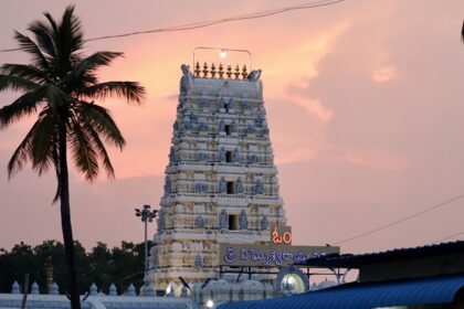 The view of the Galipgopuram of Kanipakam temple is spectacular amidst the natural backdrop.