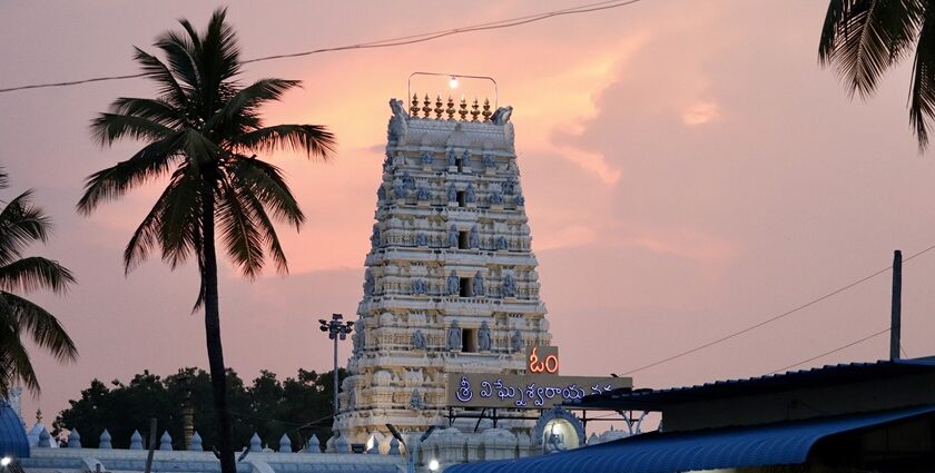 The view of the Galipgopuram of Kanipakam temple is spectacular amidst the natural backdrop.