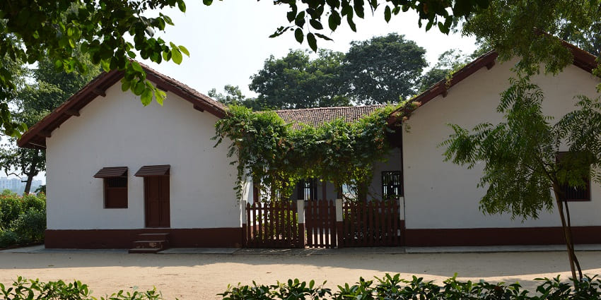 The front view of the Sabarmati Ashram, a destination reflecting the rich heritage of the area