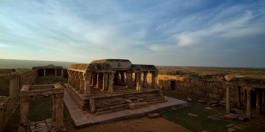A picture of an ancient temple in Andhra Pradesh during the twilight hours of the day