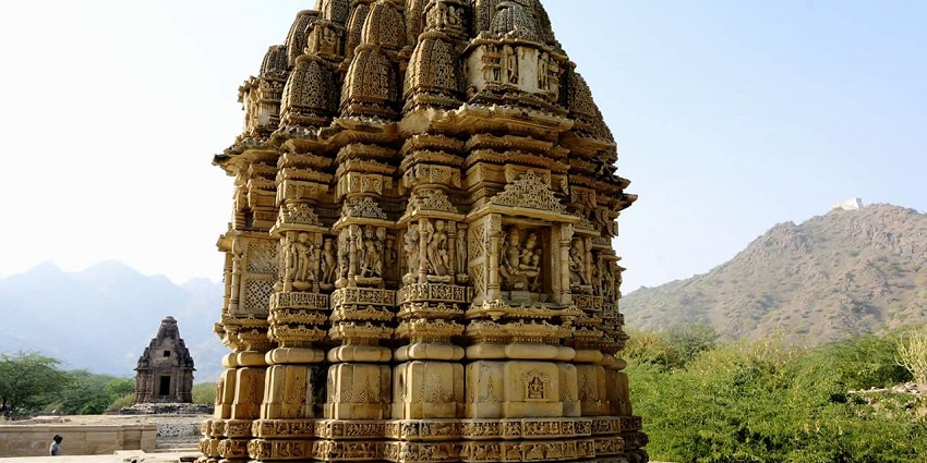 Close up view of intricate carvings, symbolising the spiritual rituals at Ganga temple in Bharatpur