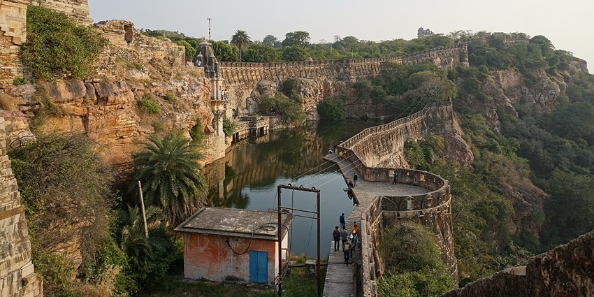 A spring feeds the tank from a carved cow's mouth in the cliff. This pool was the main source of water at the fort