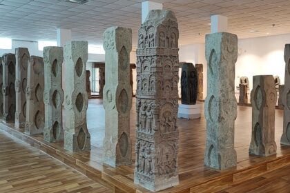 Ancient stone railing fragments from Mahabodhi Temple are displayed at Bodh Gaya Museum.