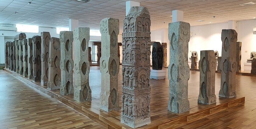 Ancient stone railing fragments from Mahabodhi Temple are displayed at Bodh Gaya Museum.