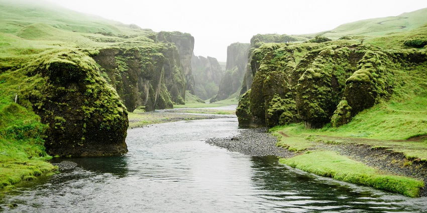 Image of the river is surrounded by lush greenery under misty weather
