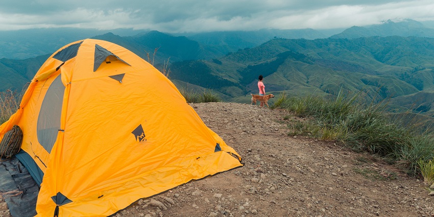A fascinating view of a yellow tent with a person standing on a cliff with a dog.