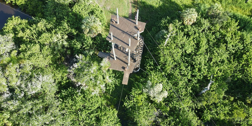 A view of zip lining area surrounded by lush green vegetation in the region of Rajasthan.
