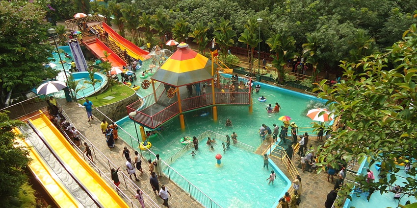 Panoramic aerial view of the beautiful water parks and the common pool area in Goa