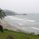 A picture of a beach in Goa with pine trees and greenery around the shore