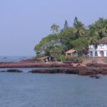 A scenic landscape view of Goa with coconut trees, a beach, and shacks.