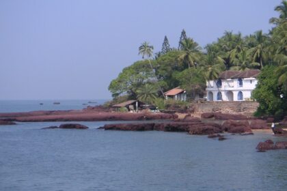 A scenic landscape view of Goa with coconut trees, a beach, and shacks.