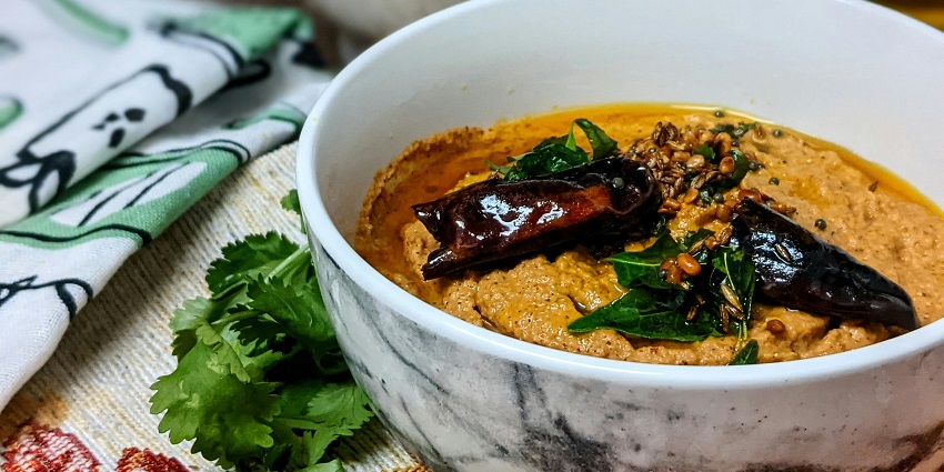 A view of the Gongura Pachadi, made of sorrel leaves and authentic Andhra spices.
